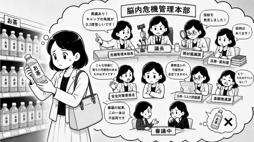 強迫性障害でペットボトルを選ぶ際、脳内で危機管理会議が始まる様子を描いたイラスト